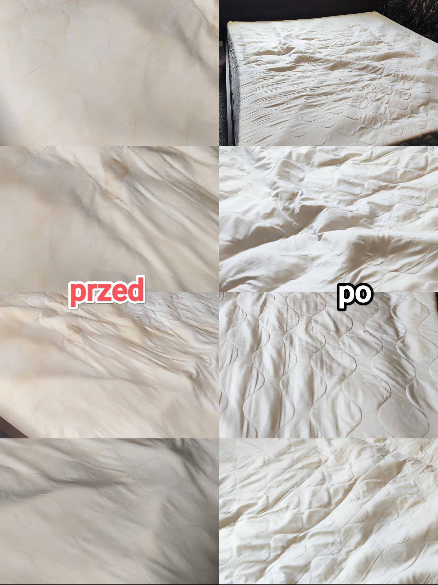 Materac z widocznymi plamami 'przed' i odświeżony, jaśniejszy 'po', prezentujący efekt czyszczenia. Widoczne pikowania i faktura materiału.