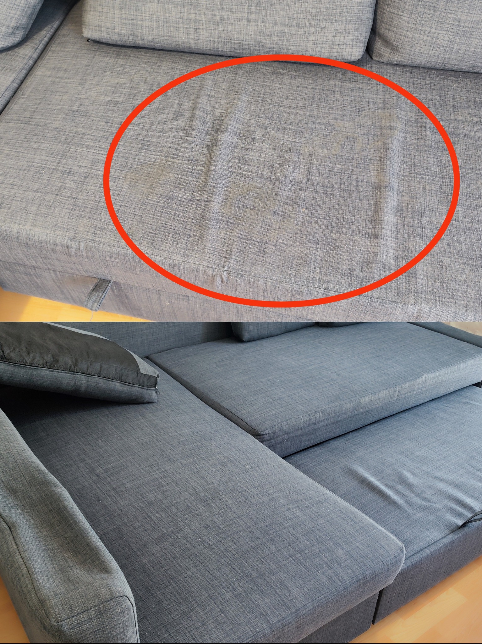 Dwuetapowe ujęcie szarej, modułowej kanapy: góra z plamami, dół po czyszczeniu, ukazujący odświeżony wygląd i jednolitą barwę materiału.