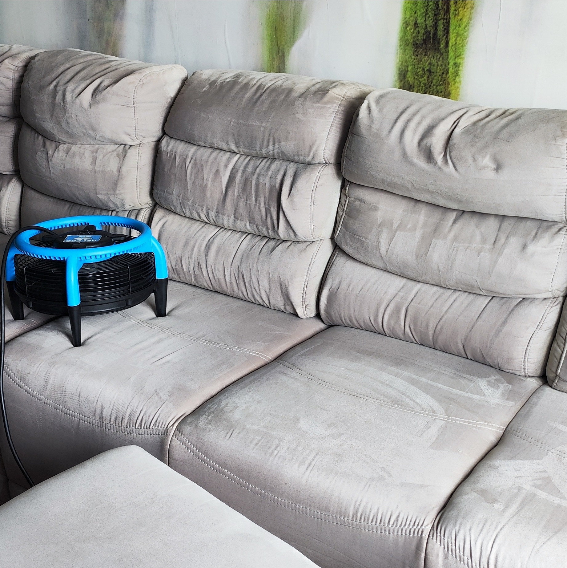 Szary narożnik z widocznymi śladami po czyszczeniu i wentylatorem wspomagającym suszenie tapicerki. Na ścianie abstrakcyjny, zielony wzór.