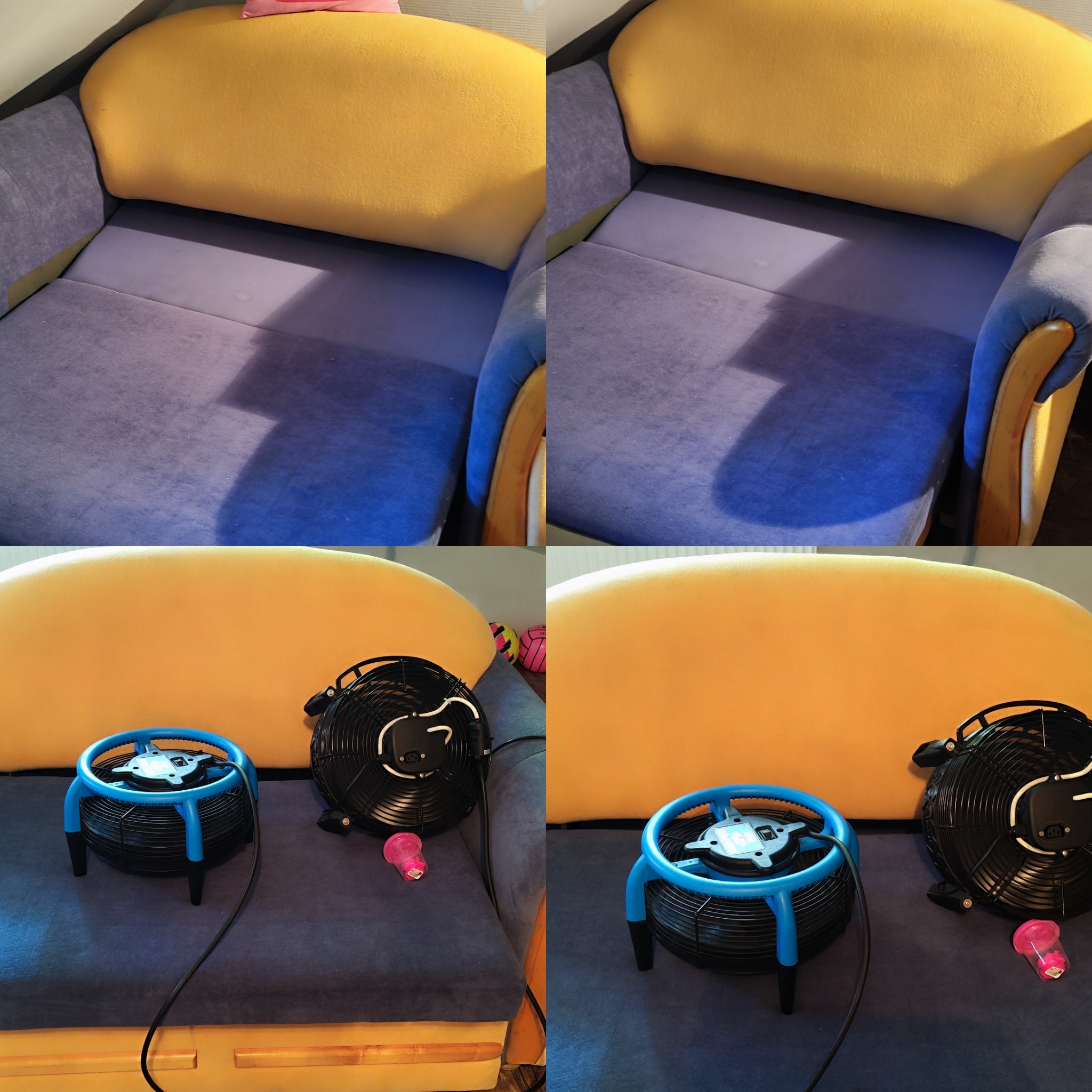 Dwuczęściowe ujęcie kanapy przed i po czyszczeniu. Widoczne wentylatory wspomagające suszenie tapicerki. Żółto-niebieska kolorystyka mebla.