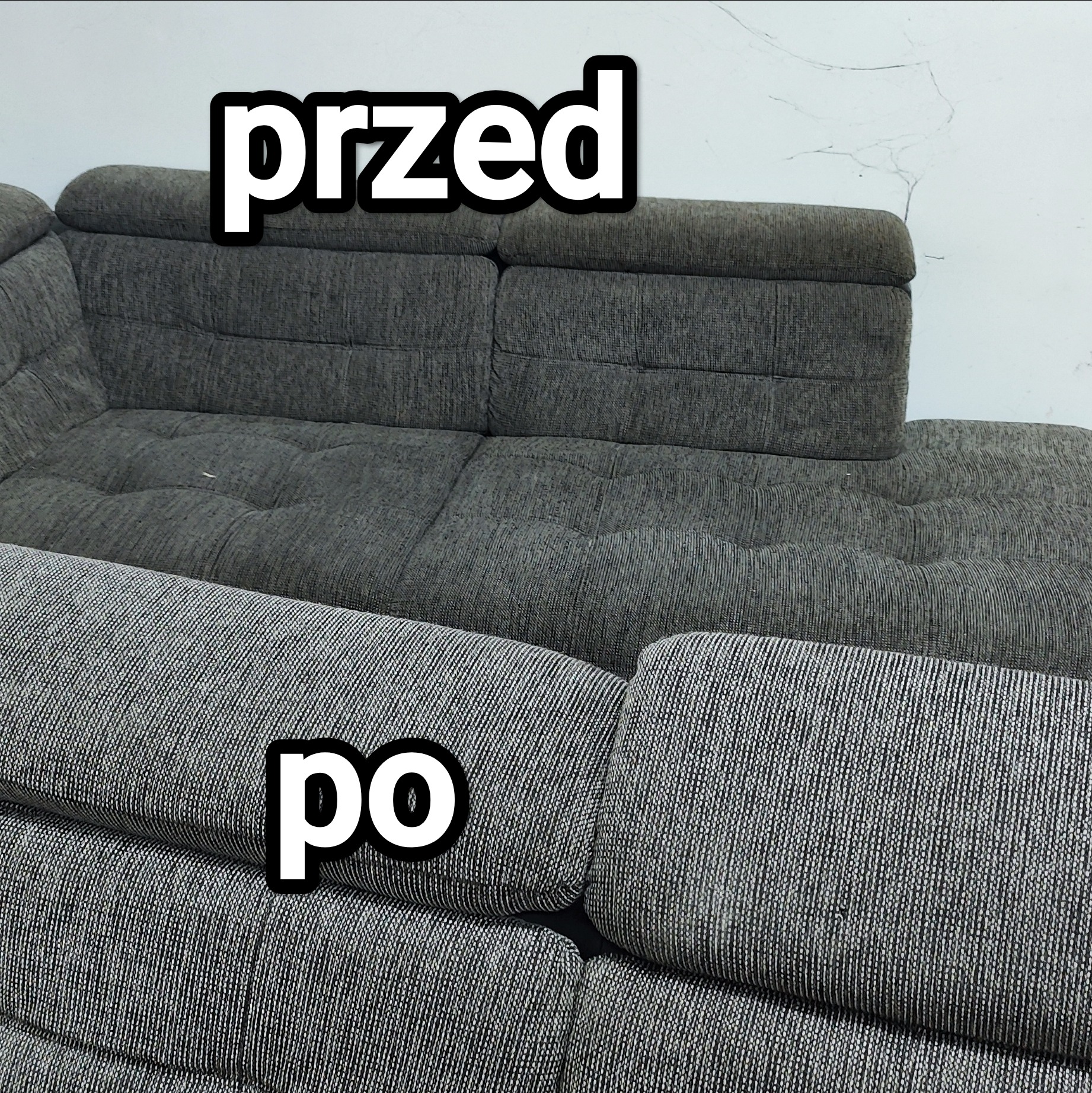Sofa narożna z wyraźnym podziałem 'przed' (ciemniejsza, szara) i 'po' (jaśniejsza, czysta), prezentująca efekt czyszczenia tapicerki. Widoczne różnice w odcieniu i strukturze tkaniny.