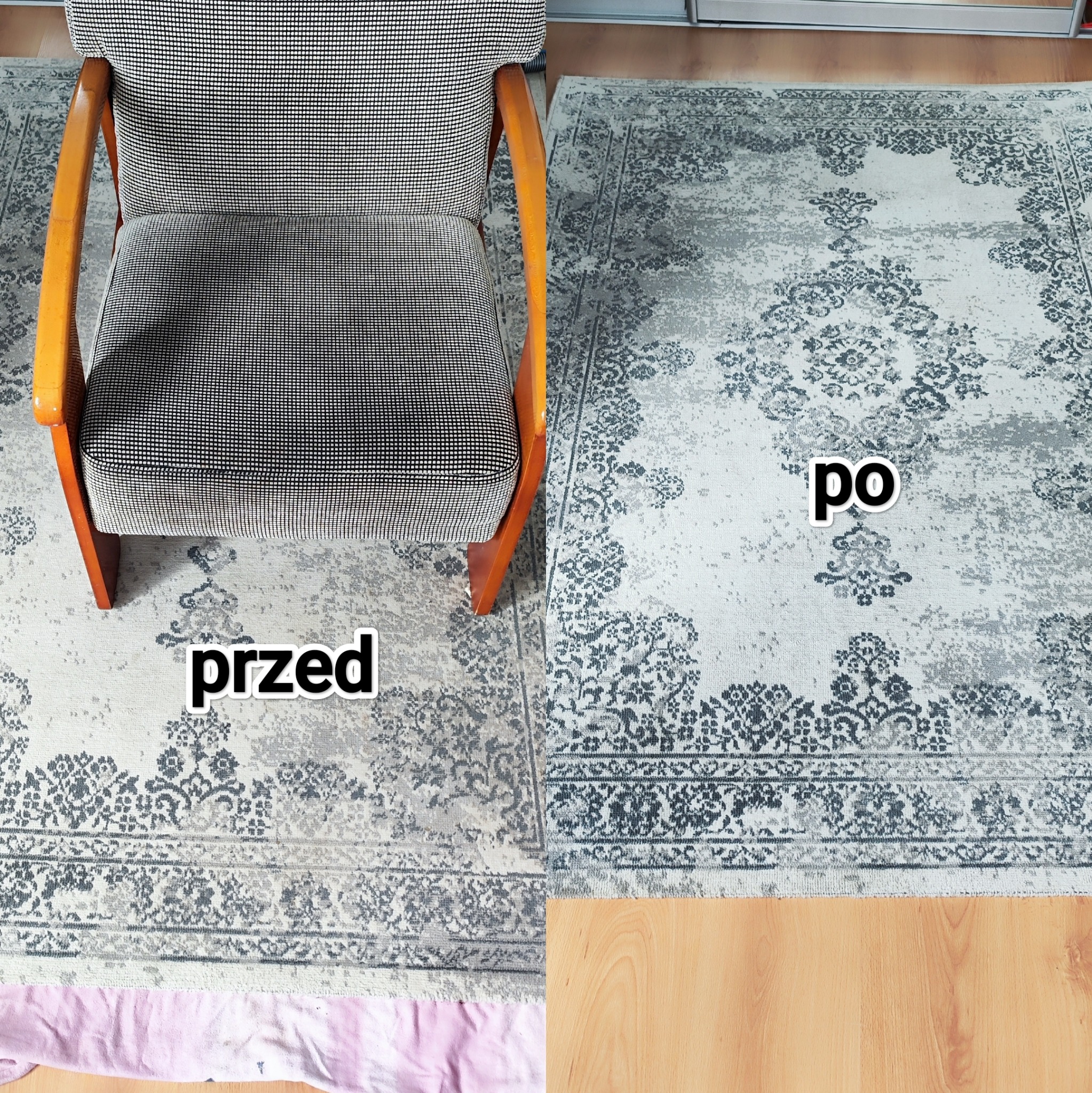 Kadr dywanu w odcieniach szarości, podzielony na pół: strona 'przed' z widocznym zabrudzeniem i strona 'po' prezentująca czysty wzór. W tle fragment fotela.