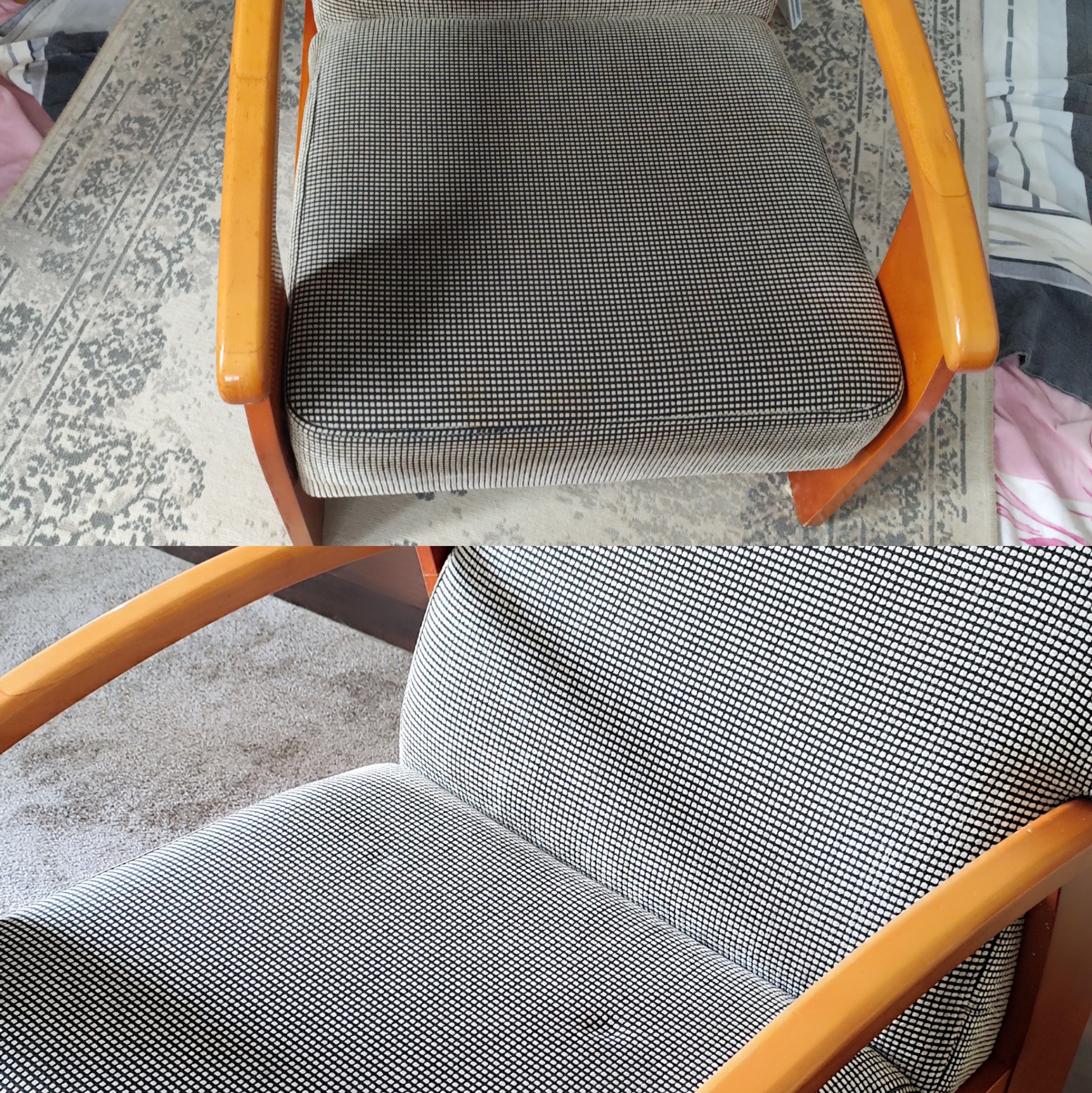 Krzesło z drewnianymi podłokietnikami i tapicerką w drobny wzór, widoczne z bliska. Na siedzisku widoczne plamy, co sugeruje potrzebę czyszczenia.