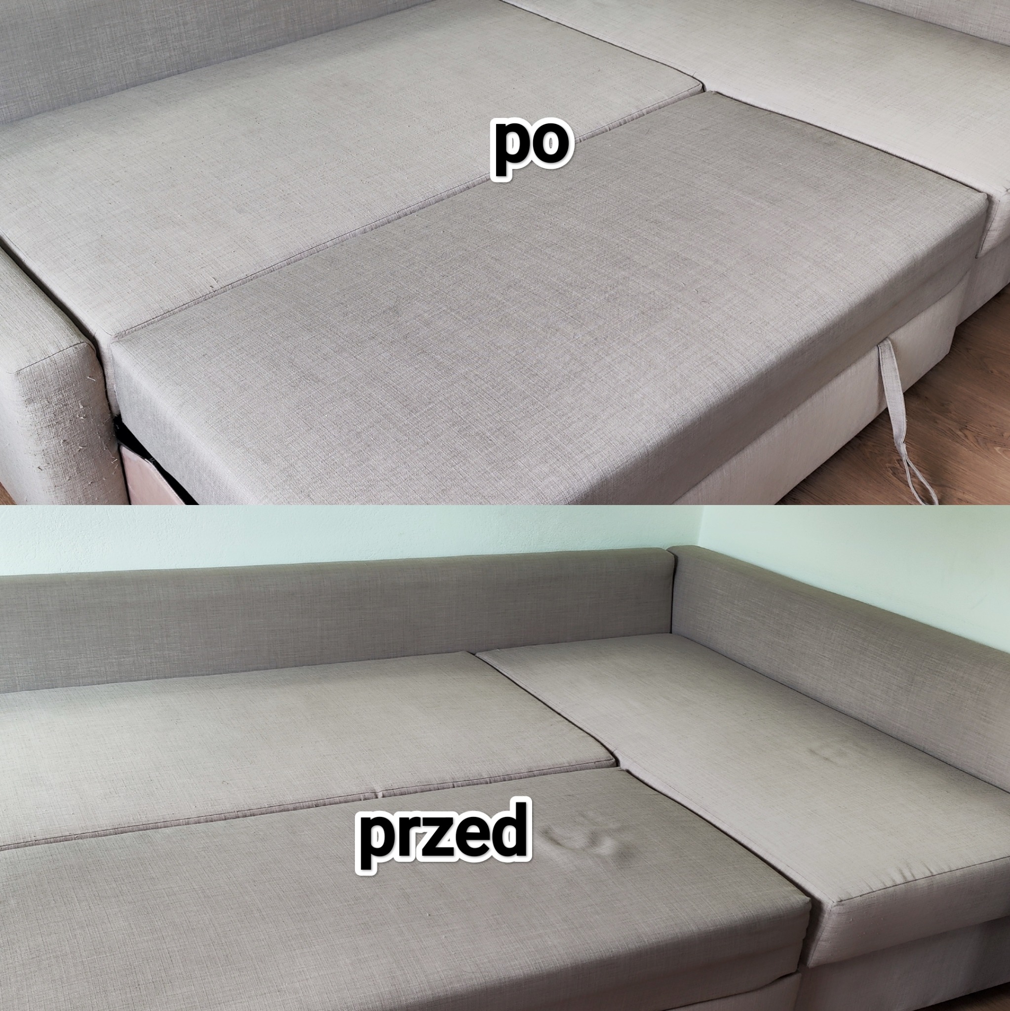 Zdjęcie 'przed i po' przedstawia narożnik z szarej tkaniny. Na górze narożnik po czyszczeniu, na dole widoczne zabrudzenia przed.