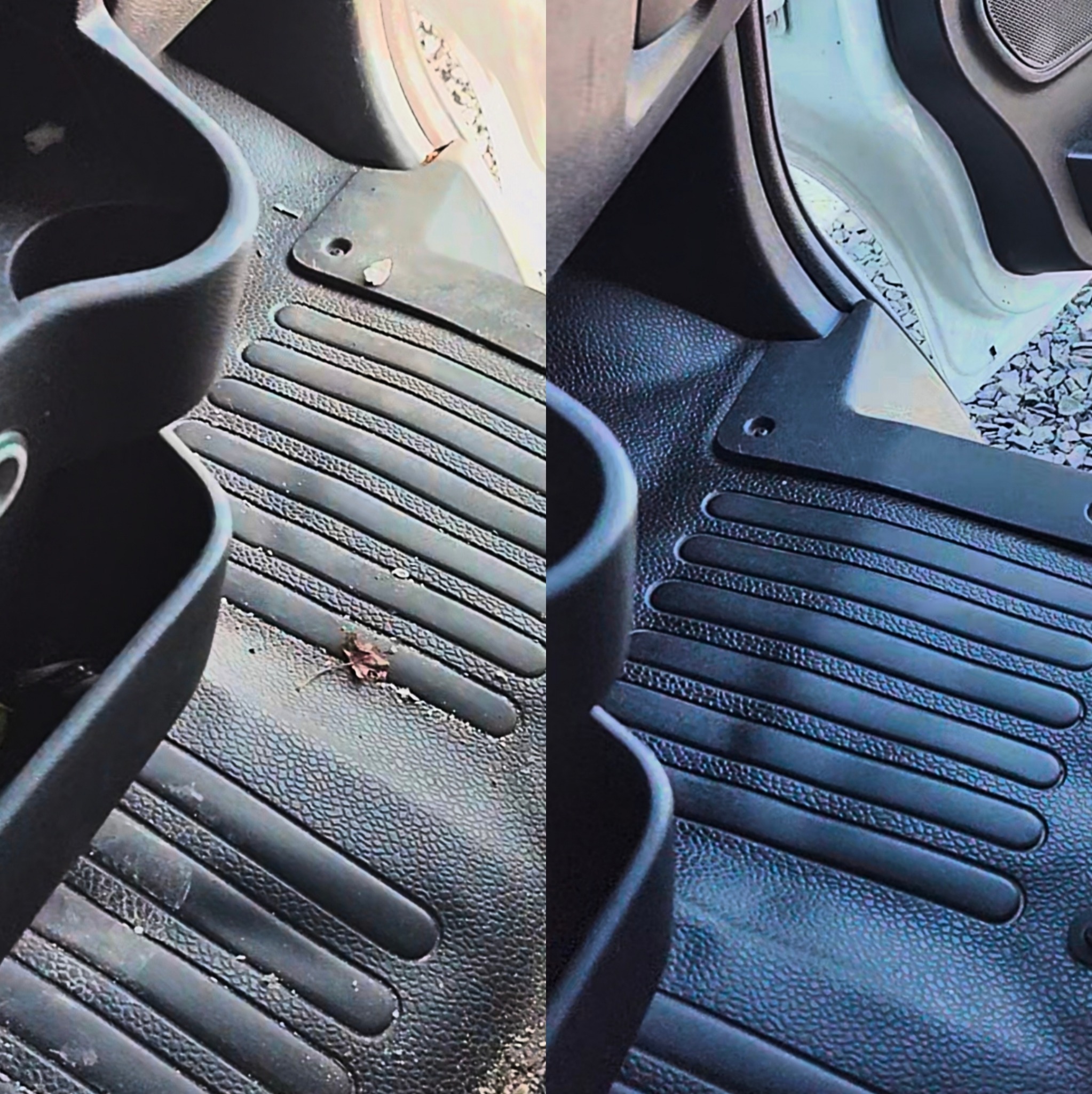 Przed i po: Czyszczenie gumowej wycieraczki samochodowej. Po lewej brudna, po prawej czysta, czarna. Widoczne wnętrze pojazdu.