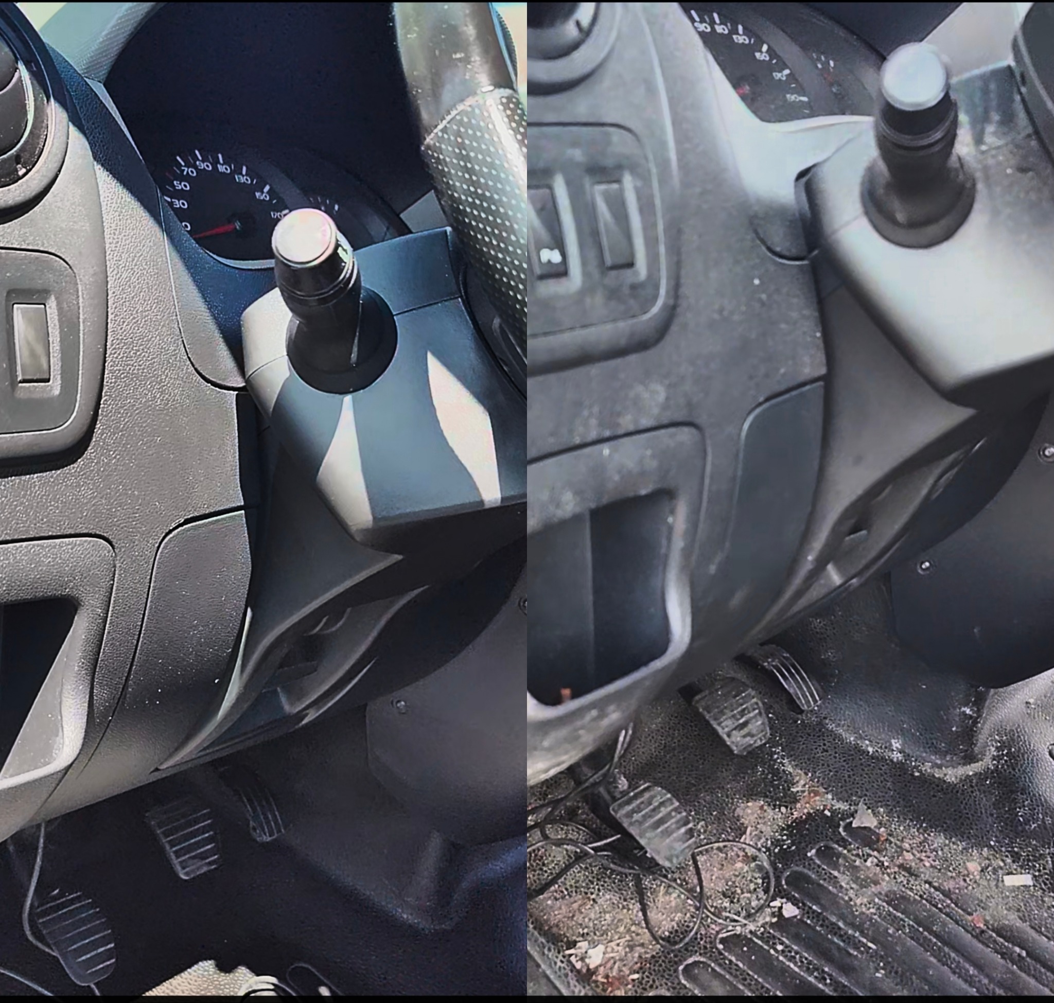 Kokpit auta przed i po czyszczeniu: po lewej czysty, po prawej zabrudzony. Widoczne detale deski rozdzielczej, kierownicy i pedałów. Efekt usługi.