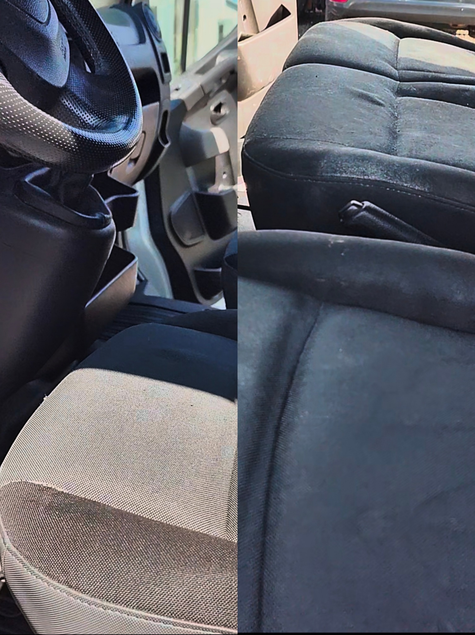 Tapicerka samochodowa przed i po czyszczeniu: widoczna różnica w odcieniu i czystości materiału. Po lewej stronie jaśniejsza, wyczyszczona część fotela.