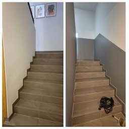 Smart Finishes - Schody po remoncie: przed (jasne ściany, dekoracje) i po (szare ściany, wykończenie). Widoczne narzędzia malarskie.