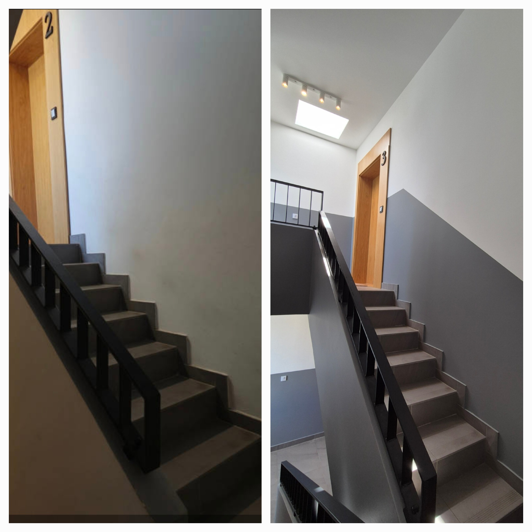 Schody po remoncie w Gdyni: widok na odnowione schody z czarną balustradą i świeżo pomalowanymi ścianami w odcieniach szarości i bieli. Drzwi z numerem '3' po prawej.