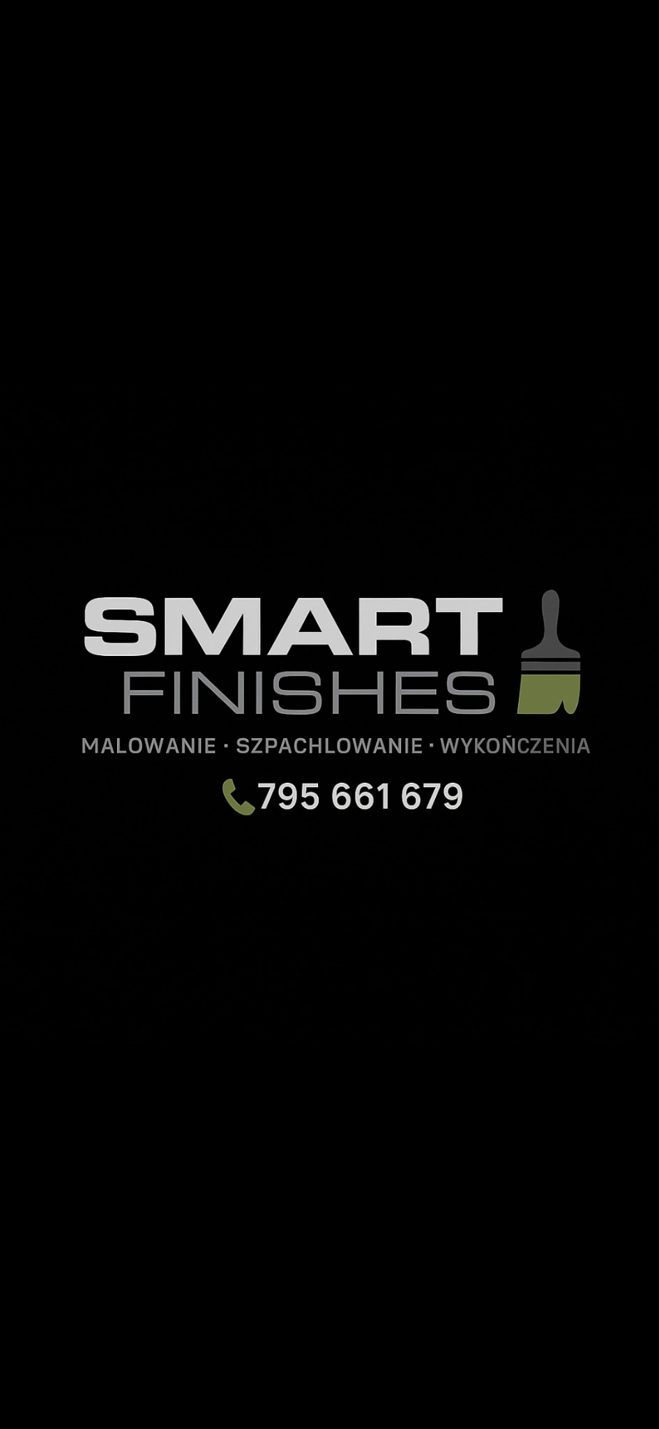 Logo firmy Smart Finishes: nazwa, ikona pędzla, zakres usług (malowanie, szpachlowanie, wykończenia) i numer telefonu na czarnym tle.