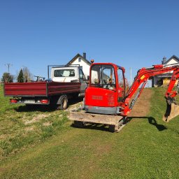 Lux-Kop - Czerwona mini koparka Wacker Neuson 28Ze na trawie obok wywrotki z czerwoną skrzynią, w tle domy jednorodzinne i błękitne niebo.