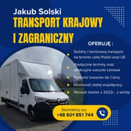 Grafika reklamowa: biały Renault Master z 2022r z windą, oferujący transport krajowy i zagraniczny, przewóz do 1 tony. Kontakt: +48 601 851 744.