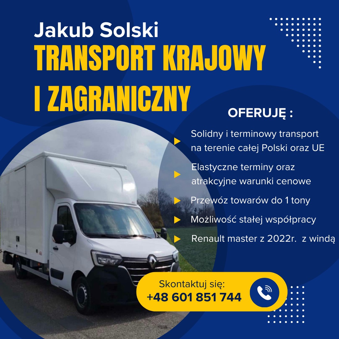 Grafika reklamowa: biały Renault Master z 2022r z windą, oferujący transport krajowy i zagraniczny, przewóz do 1 tony. Kontakt: +48 601 851 744.