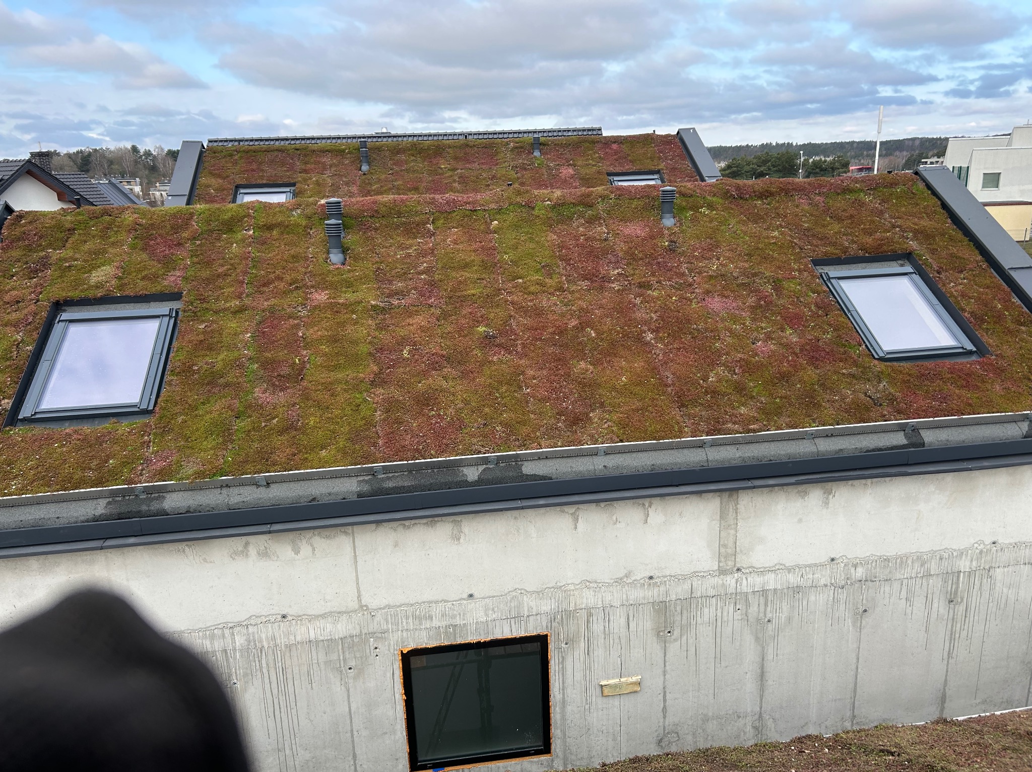 Zielony dach z oknami dachowymi i kominami wentylacyjnymi na nowoczesnym betonowym budynku w pochmurny dzień. Widok z góry.