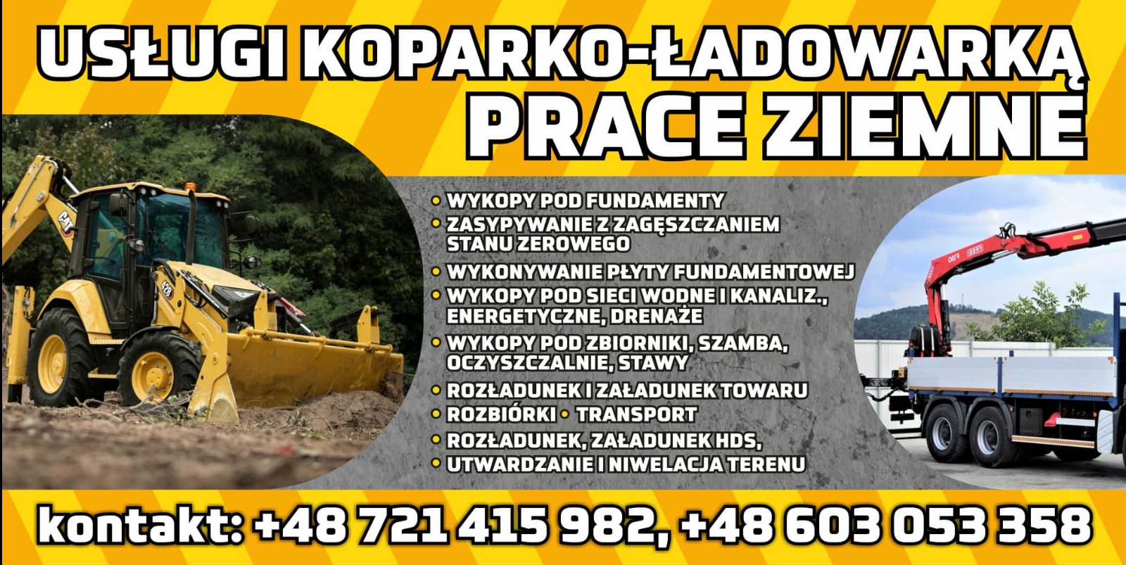 Plakat reklamowy usług koparko-ładowarką i prac ziemnych. Żółta koparka CAT 428 w akcji, obok lista usług i kontakt. W tle zieleń i ciężarówka z dźwigiem.