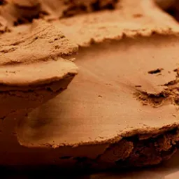 Próbka brązowej, wilgotnej gleby z wyraźną strukturą i krawędzią, leżąca na jasnej, prawdopodobnie kamiennej powierzchni.