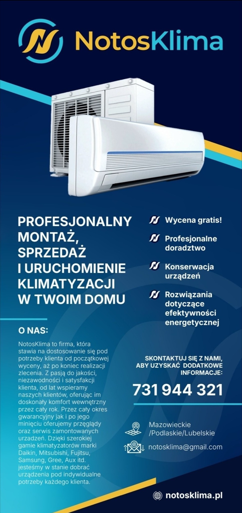Grafika reklamowa firmy NotosKlima prezentująca klimatyzator ścienny i zewnętrzny na granatowym tle, z informacjami o montażu, sprzedaży i uruchomieniu klimatyzacji w domu oraz o darmowej wycenie...