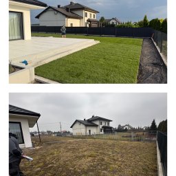 ZIELONA MAGIA MACIEJ STYCZYŃSKI - Zdjęcie 'przed i po' ukazujące transformację ogrodu: od suchej ziemi do świeżej trawy i czarnego ogrodzenia panelowego. Widoczny mężczyzna w tle i elementy architektury.