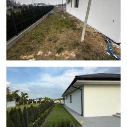 ZIELONA MAGIA MACIEJ STYCZYŃSKI - Zdjęcie 'przed i po' ukazuje metamorfozę ogrodu: od zaniedbanego trawnika do zielonego dywanu z tujami wzdłuż ogrodzenia panelowego.