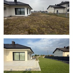 ZIELONA MAGIA MACIEJ STYCZYŃSKI - Porównanie: zaniedbany trawnik kontra świeża trawa z rolki przy nowoczesnym domu z tarasem i ciemnym ogrodzeniem panelowym. Efekt 'przed i po' w ogrodzie.
