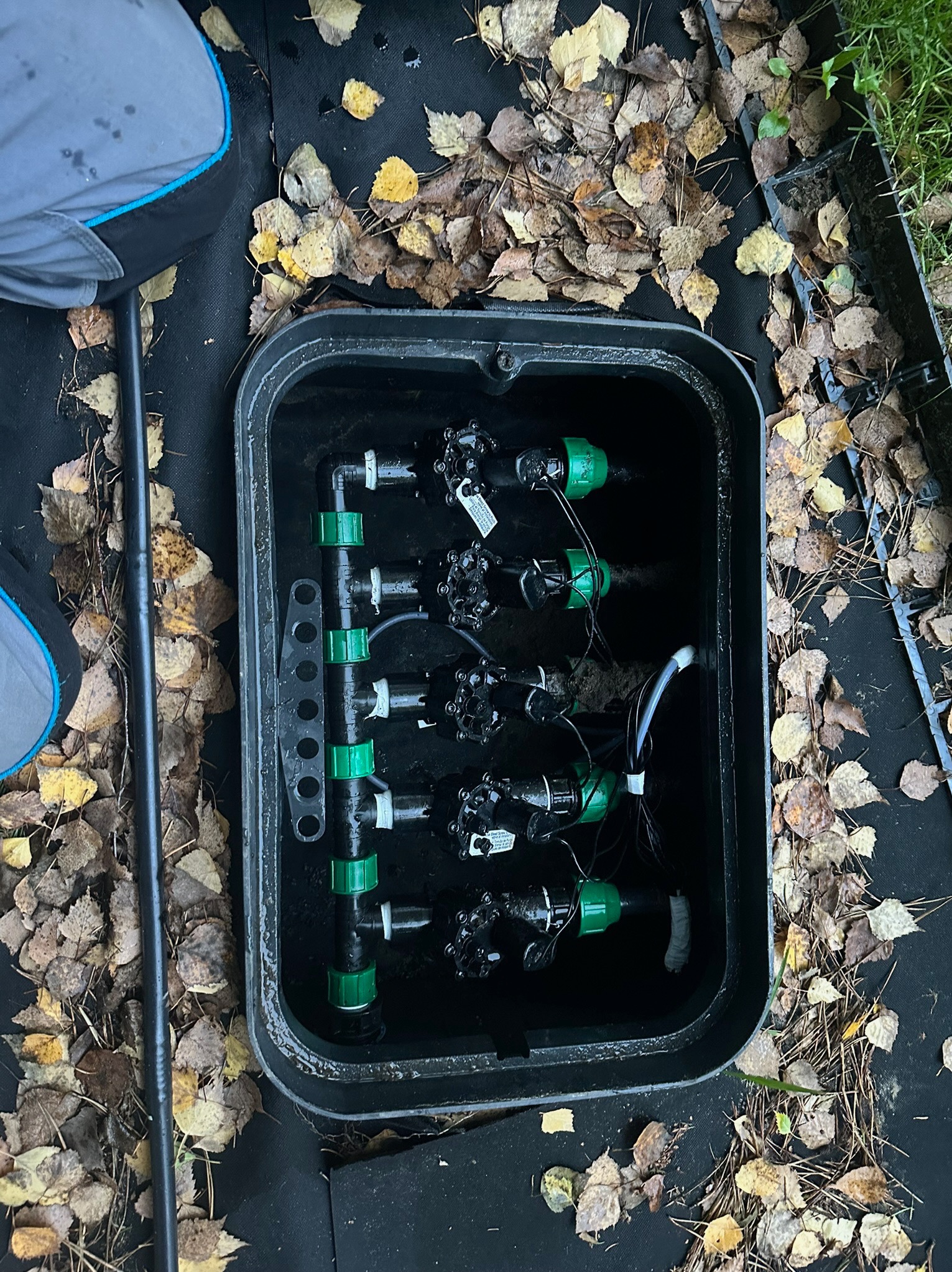 Czarny plastikowy zawór sterujący z zielonymi elementami w czarnej skrzynce w ziemi, otoczonej opadłymi liśćmi.