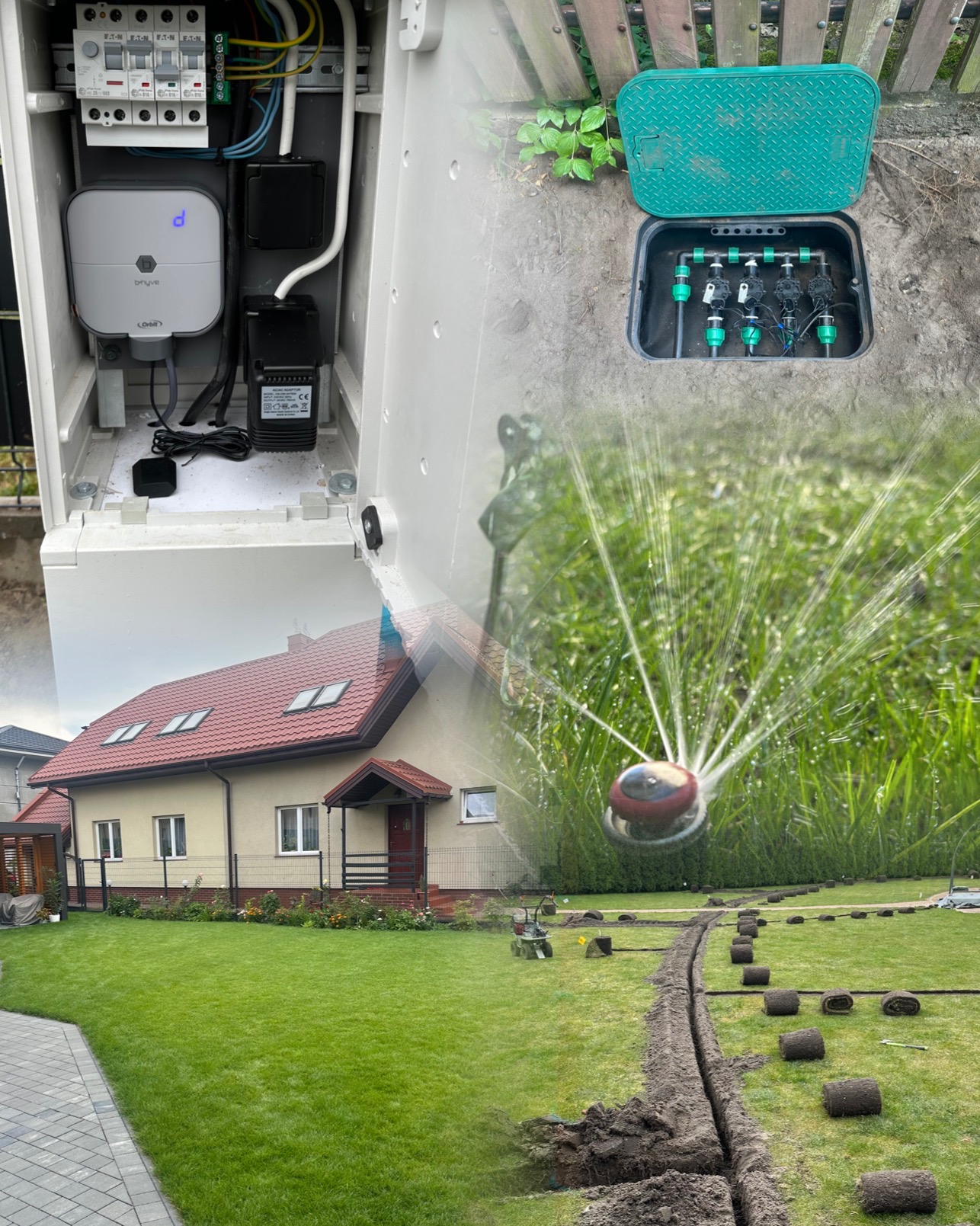 Instalacja systemu nawadniania: skrzynka sterująca z elektroniką, zawory w ziemi i zraszacz w akcji na tle domu z trawnikiem, częściowo wyłożonym rolkami trawy.
