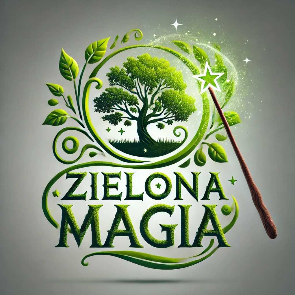 Grafika z drzewem otoczonym zielonymi liśćmi i napisem 'Zielona Magia', obok którego znajduje się różdżka z gwiazdą, otoczona magicznym pyłem.