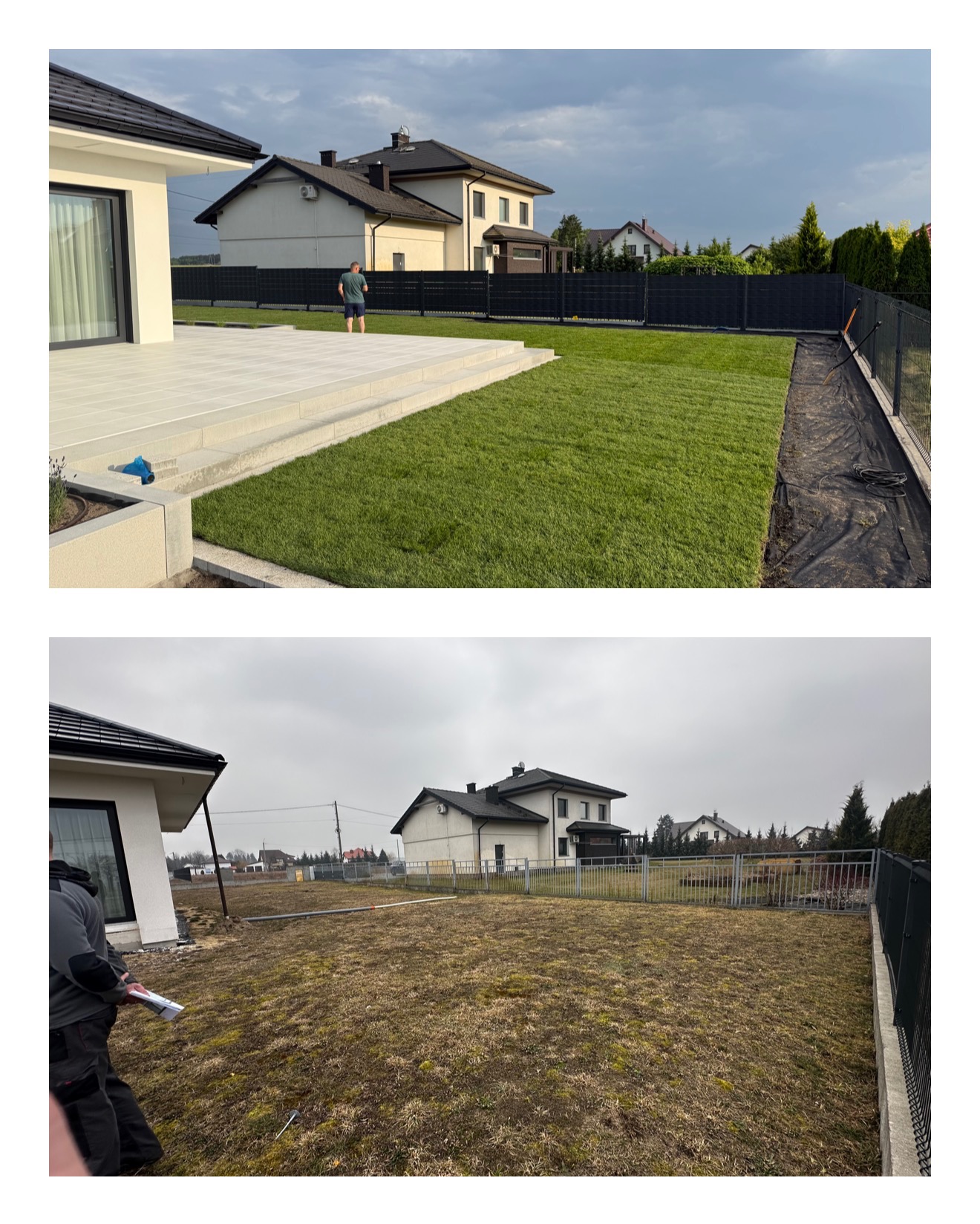Zdjęcie 'przed i po' ukazujące transformację ogrodu: od suchej ziemi do świeżej trawy i czarnego ogrodzenia panelowego. Widoczny mężczyzna w tle i elementy architektury.