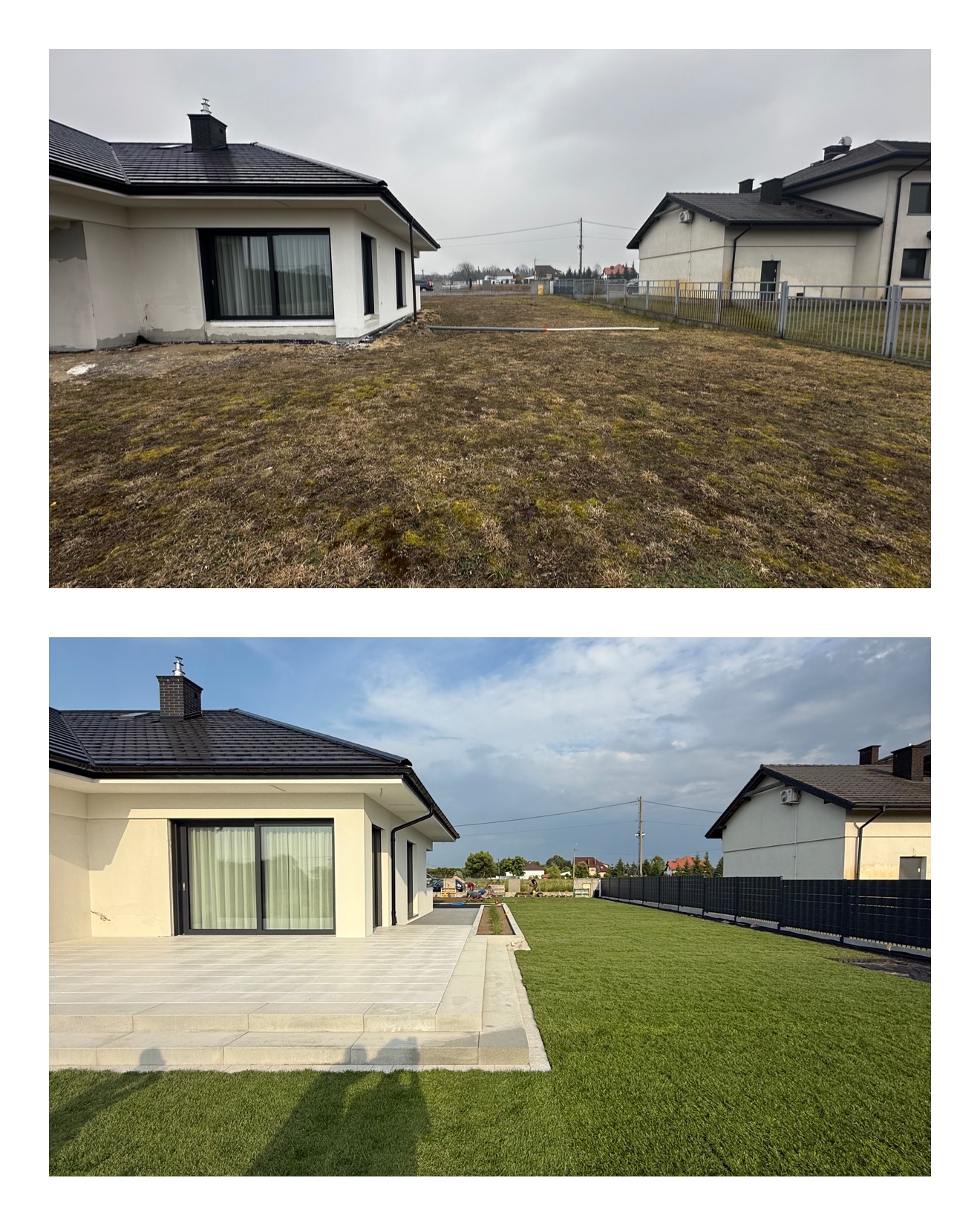 Porównanie: zaniedbany trawnik kontra świeża trawa z rolki przy nowoczesnym domu z tarasem i ciemnym ogrodzeniem panelowym. Efekt 'przed i po' w ogrodzie.