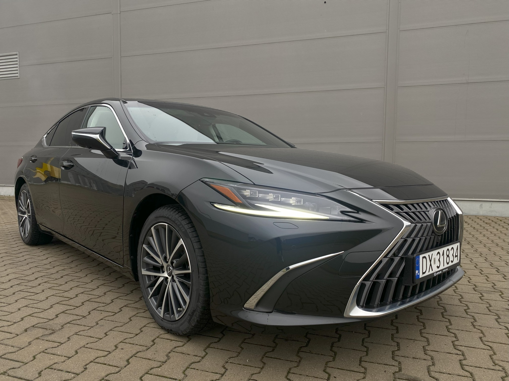 Szary Lexus ES 300h z polską tablicą rejestracyjną, zaparkowany na kostce brukowej na tle szarej ściany. Widoczne detale karoserii i felg.