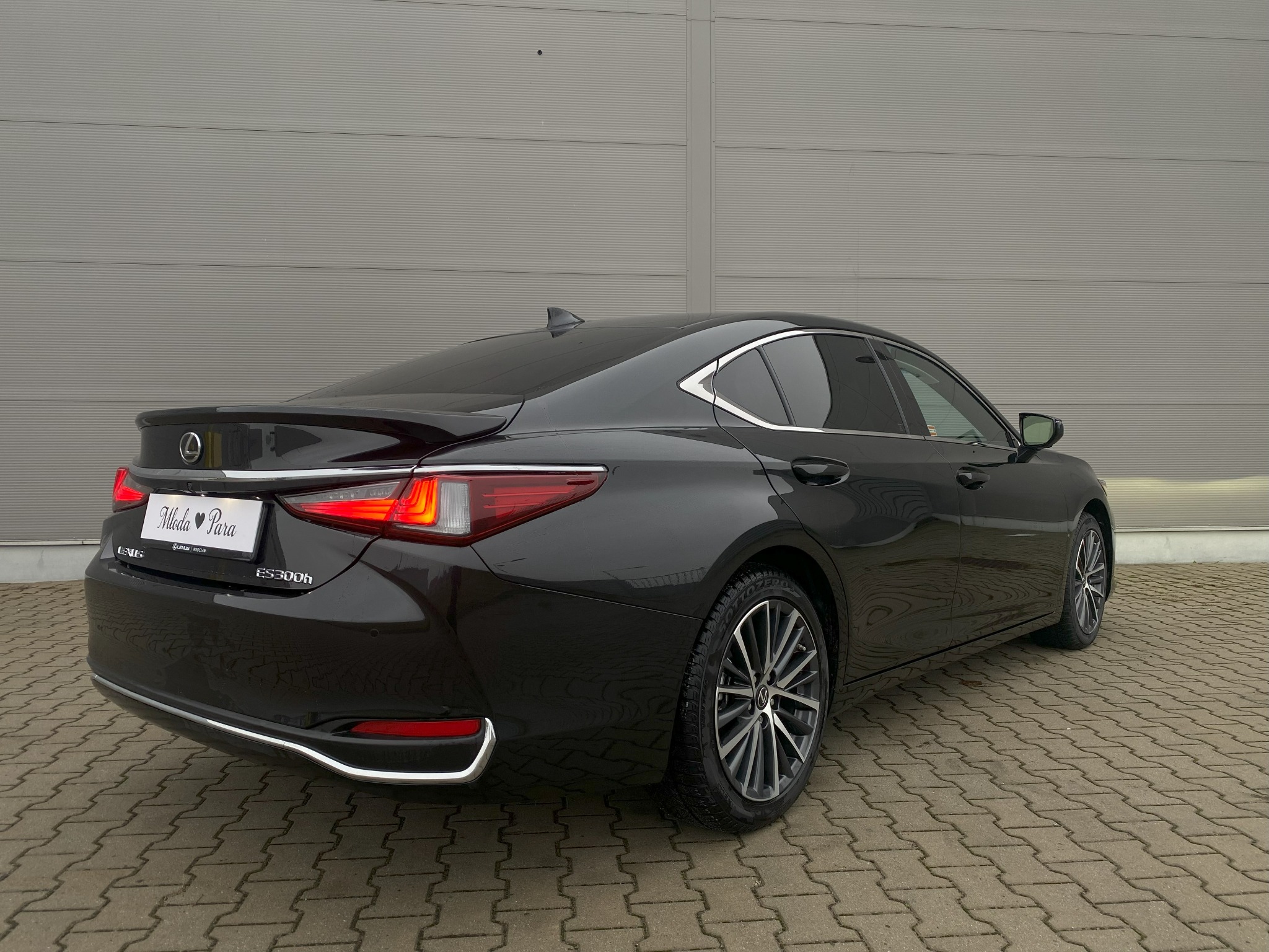 Elegancki, czarny Lexus ES 300h z tabliczką 'Młoda Para' na tylnej klapie, prezentowany z perspektywy tyłu na tle szarej ściany i kostki brukowej. Auto do wynajęcia na ślub.