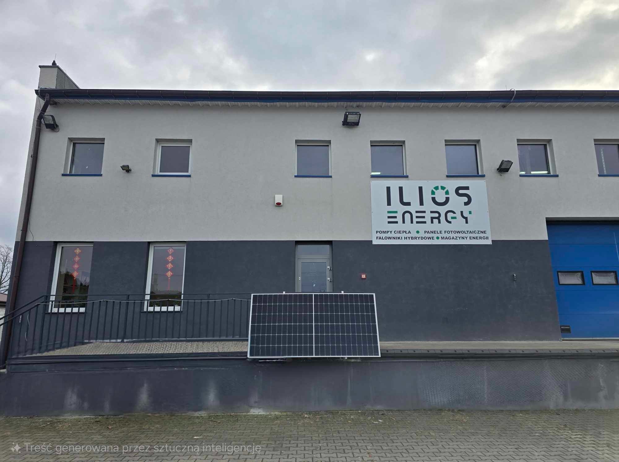 Panel słoneczny zamontowany na elewacji budynku firmy Ilios Energy, widoczne logo i informacja o pompach ciepła, panelach fotowoltaicznych, falownikach hybrydowych i magazynach energii.
