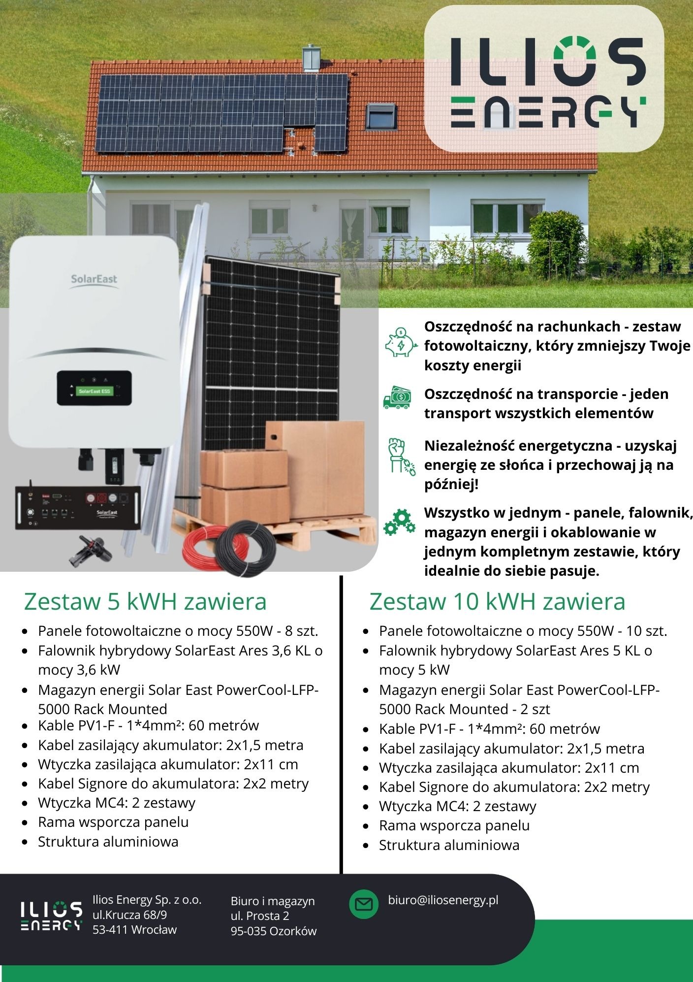 Zestaw fotowoltaiczny SolarEast z panelami na dachu domu, falownikiem, magazynem energii i okablowaniem, prezentowany na tle zielonego trawnika.