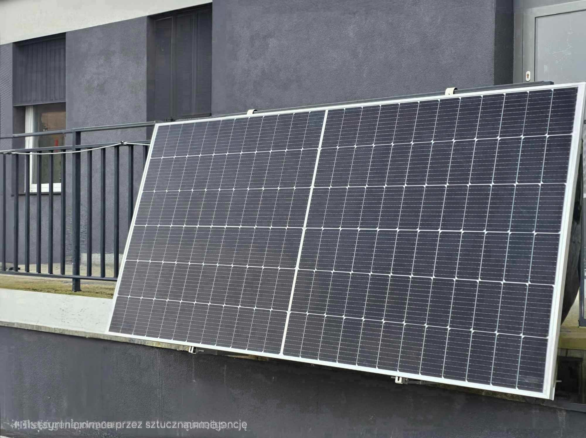 Dwa panele słoneczne oparte o szarą ścianę budynku, widoczne ogrodzenie balkonowe w tle.