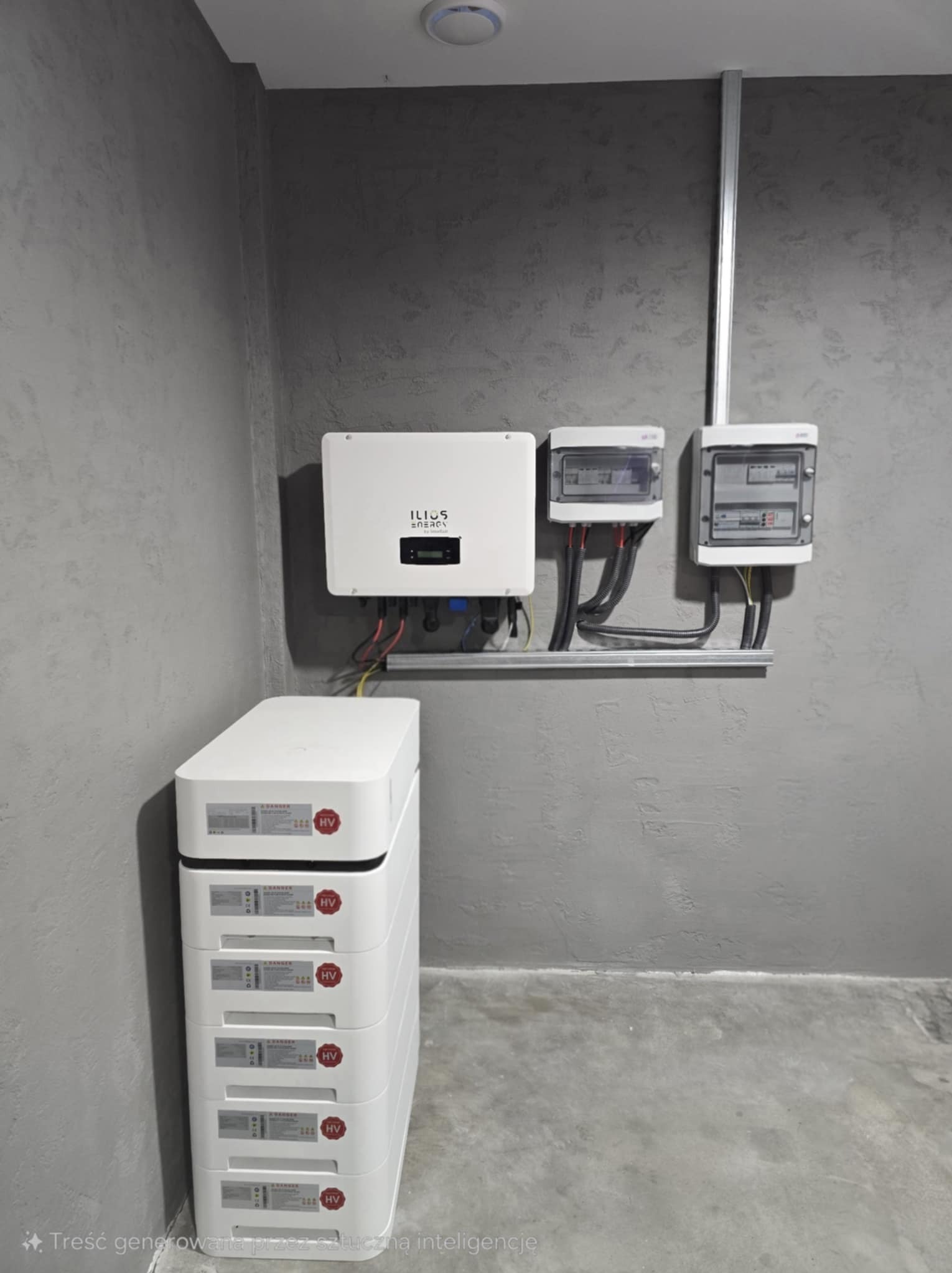Instalacja magazynu energii: białe moduły bateryjne HV ułożone pionowo, falownik ILIOS ENERGY na ścianie i skrzynki elektryczne. Szara ściana o fakturze betonu.