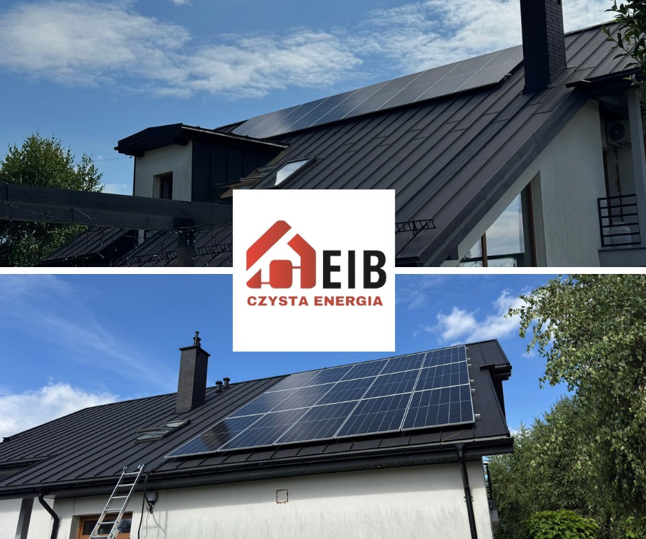 Instalacja paneli słonecznych na dachu domu jednorodzinnego we Wrocławiu. Widok z dołu, drabina oparta o ścianę, dach pokryty ciemną blachą.