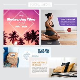 Flexio Natalia Konopka - Kompozycja graficzna z przykładami materiałów marketingowych: plakat z motywem tropikalnym, wizualizacja kobiety podczas jogi, aranżacja wnętrza z meblami i tekstyliami dekoracyjnymi.