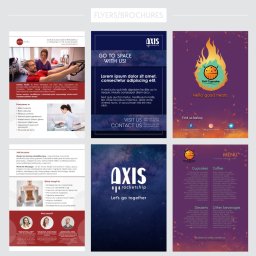 Flexio Natalia Konopka - Kompozycja ulotek i broszur reklamowych o różnej tematyce, w tym rehabilitacji, projektowaniu i cukierni.