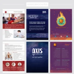 Kompozycja ulotek i broszur reklamowych o różnej tematyce, w tym rehabilitacji, projektowaniu i cukierni.