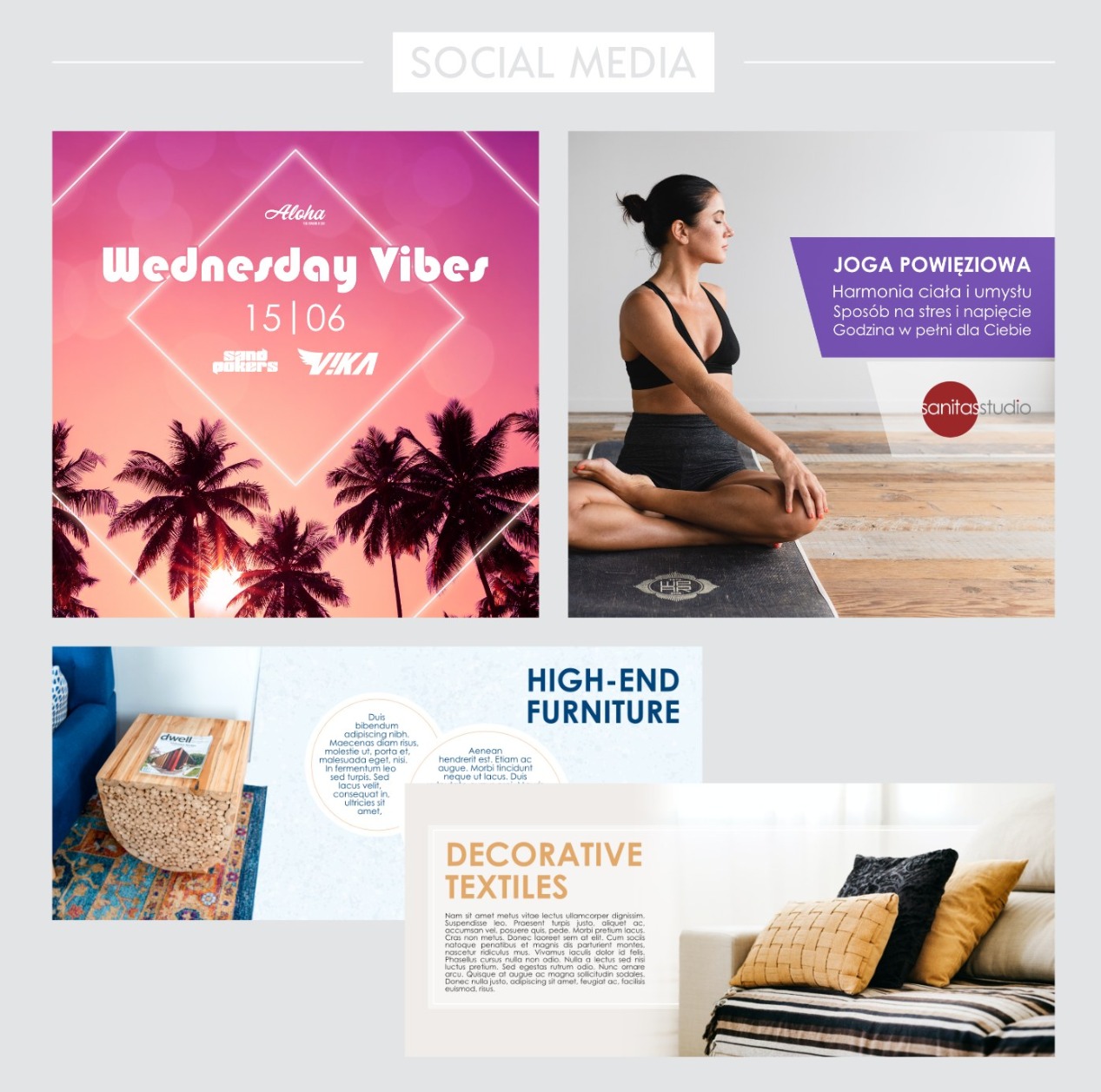 Kompozycja graficzna z przykładami materiałów marketingowych: plakat z motywem tropikalnym, wizualizacja kobiety podczas jogi, aranżacja wnętrza z meblami i tekstyliami dekoracyjnymi.