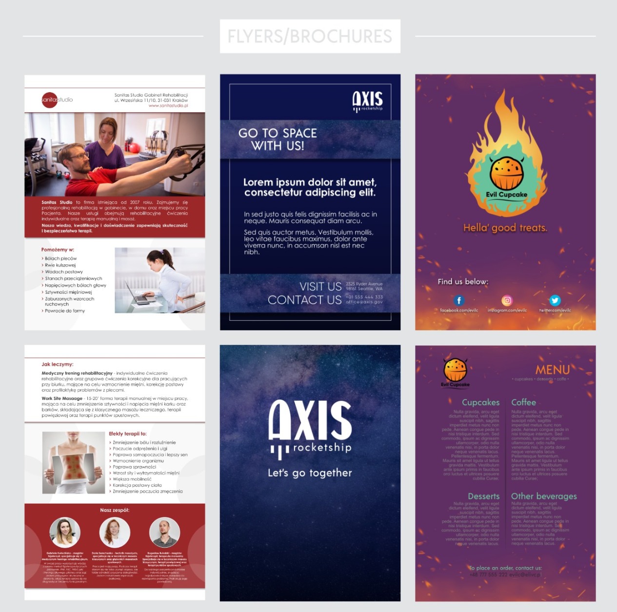 Kompozycja ulotek i broszur reklamowych o różnej tematyce, w tym rehabilitacji, projektowaniu i cukierni.