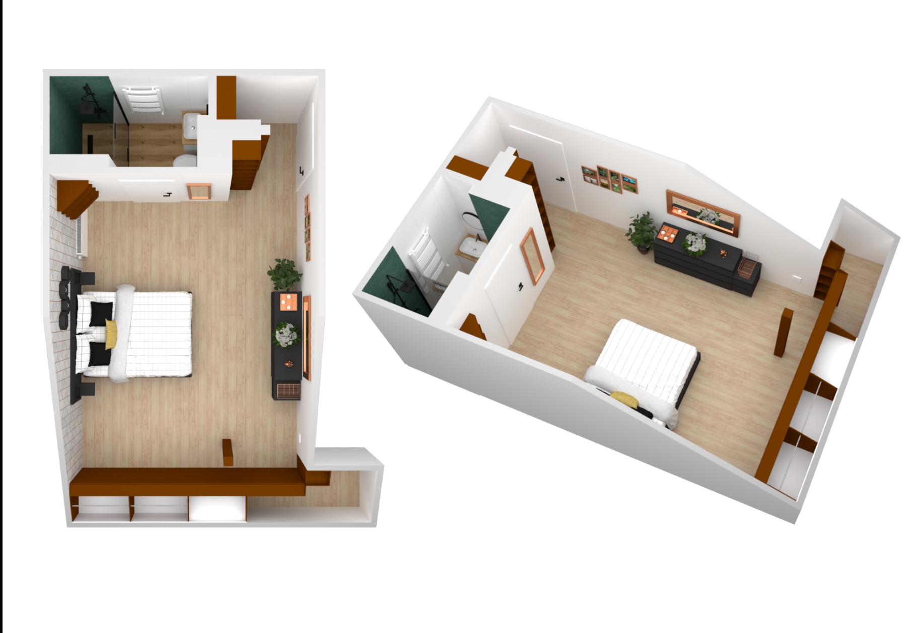 Wizualizacja 3D wnętrza mieszkania typu studio, z widokiem z góry na część sypialną, łazienkę i salon, z drewnianą podłogą i minimalistycznym wystrojem.