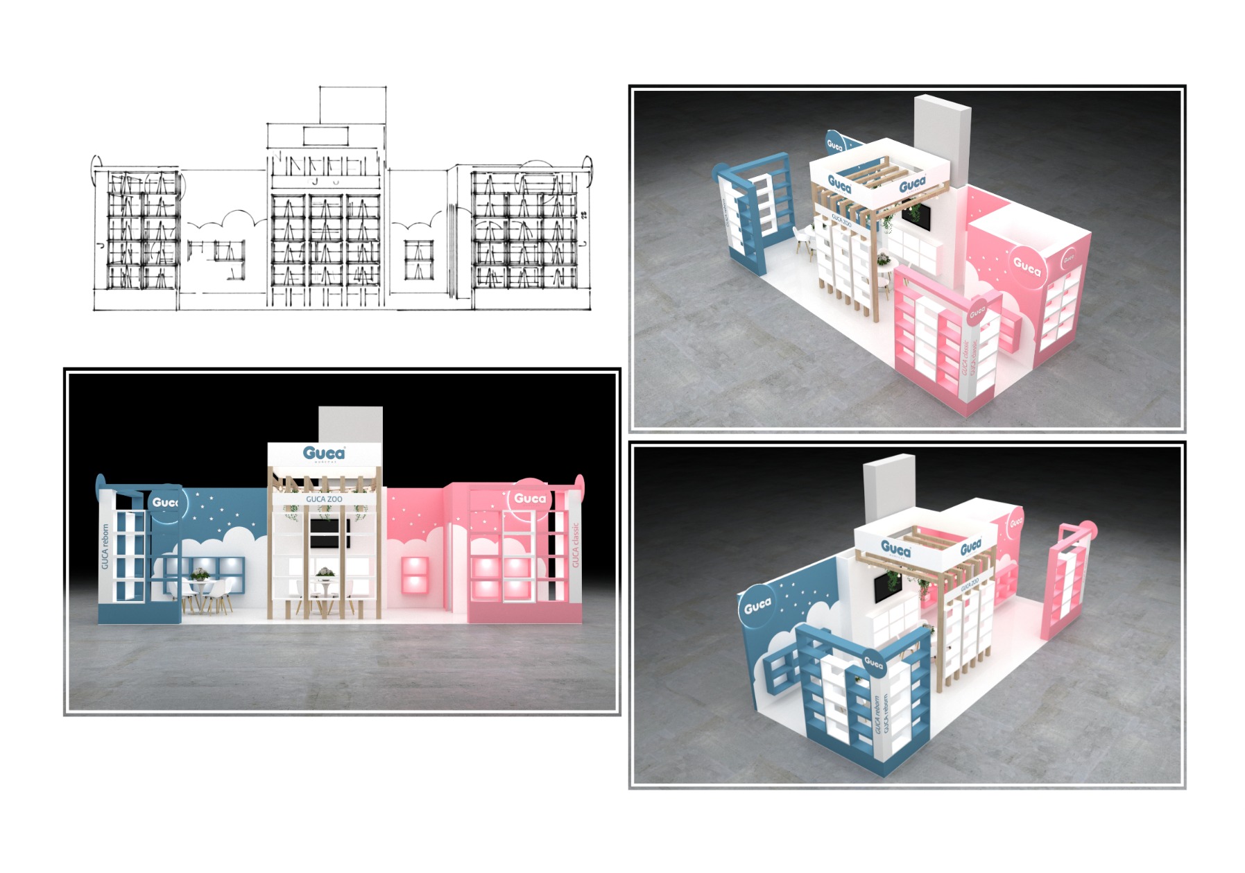 Wizualizacja 3D stoiska targowego dla marki dziecięcej z logo Guca, prezentująca plan techniczny oraz trójwymiarowe modele w odcieniach błękitu i różu, z elementami regałów i przestrzenią...