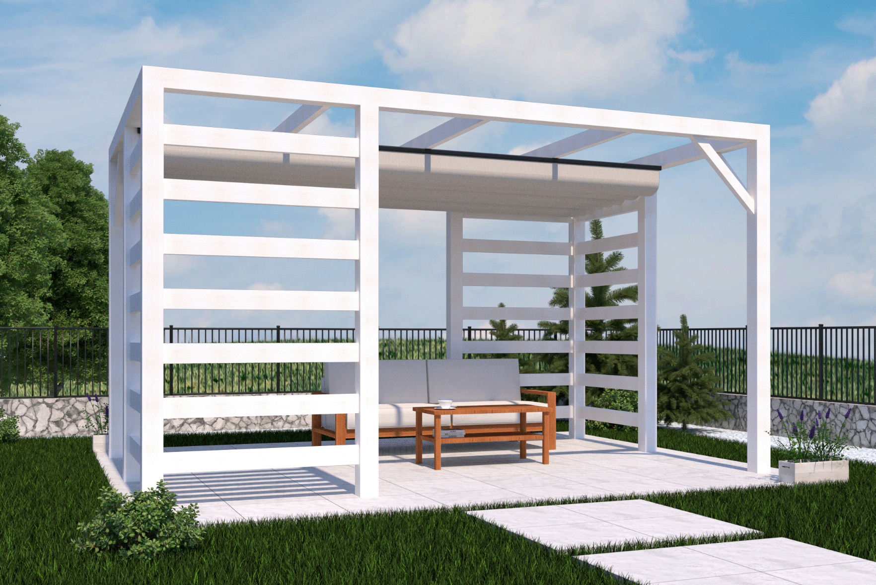 Wizualizacja 3D białej, nowoczesnej pergoli z drewnianym stolikiem i sofą na tarasie z płyt. Częściowo zasłonięty dach. W tle zieleń i ogrodzenie.