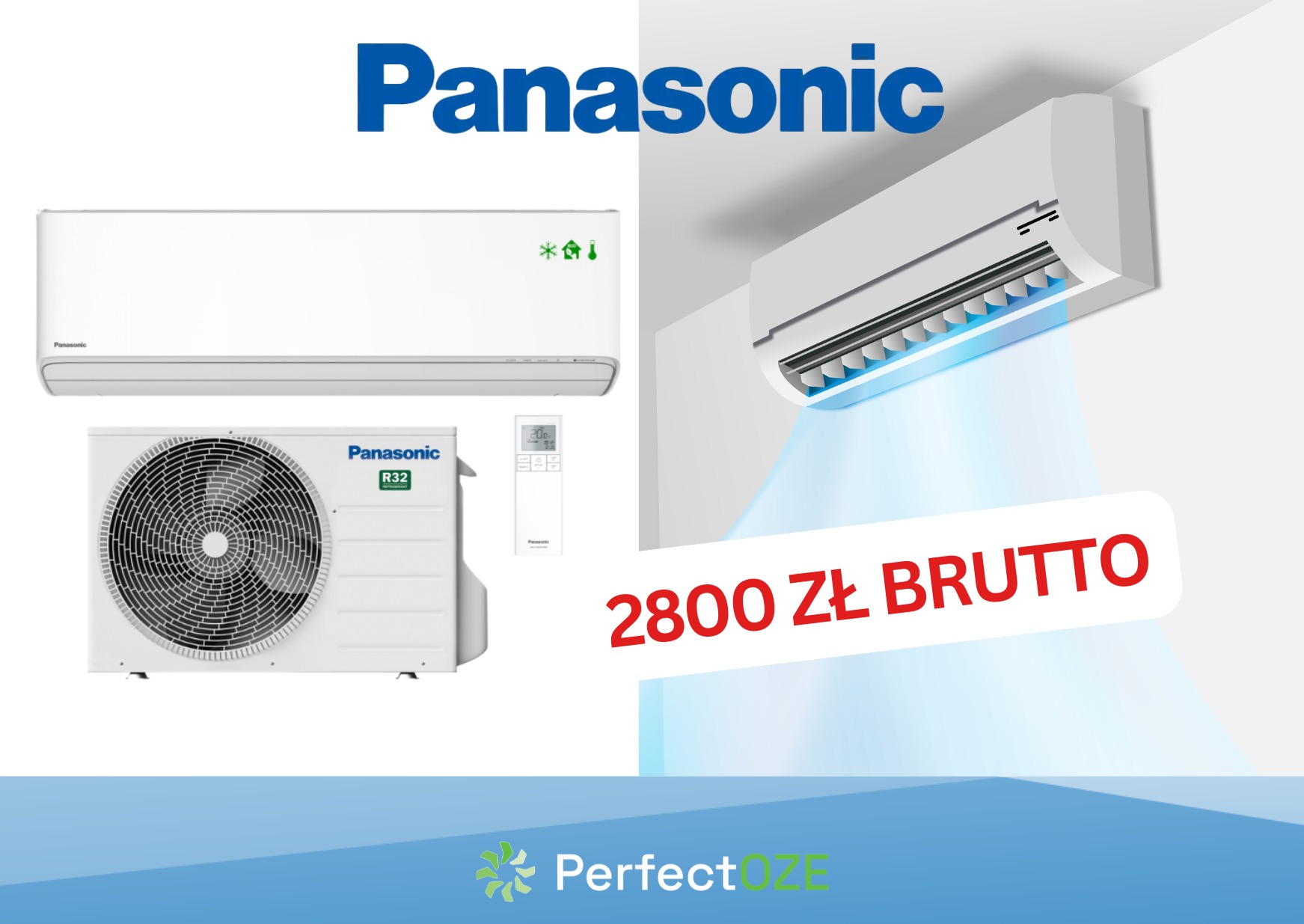 Zestaw klimatyzacyjny Panasonic składający się z jednostki zewnętrznej, wewnętrznej i pilota, prezentowany na białym tle z niebieską poświatą symbolizującą chłodne powietrze i informacją o cenie...