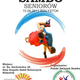 BROKER BUSINESS SPÓŁKA Z OGRANICZONĄ ODPOWIEDZIALNOŚCIĄ - Plakat promujący I Mistrzostwa Polski Sambo Seniorów w Białymstoku, z dwoma zawodnikami w dynamicznej akcji walki, otoczonymi stylizowanymi elementami graficznymi w kolorach niebieskim i czerwonym.
