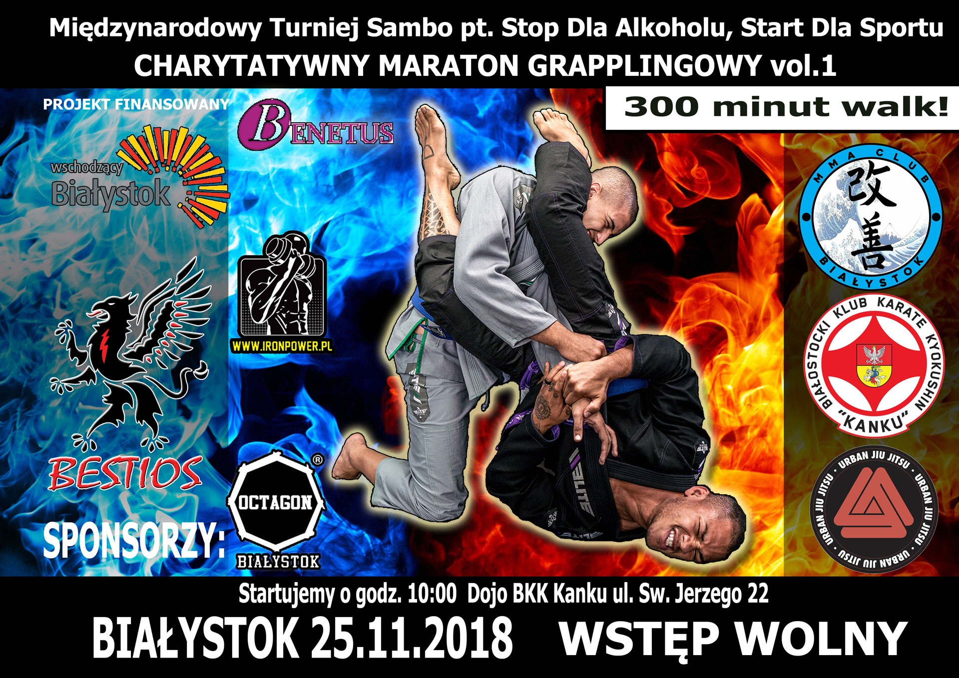 Plakat promujący charytatywny maraton grapplingowy w Białymstoku, z elementami graficznymi i zdjęciem dwóch zawodników w trakcie walki.