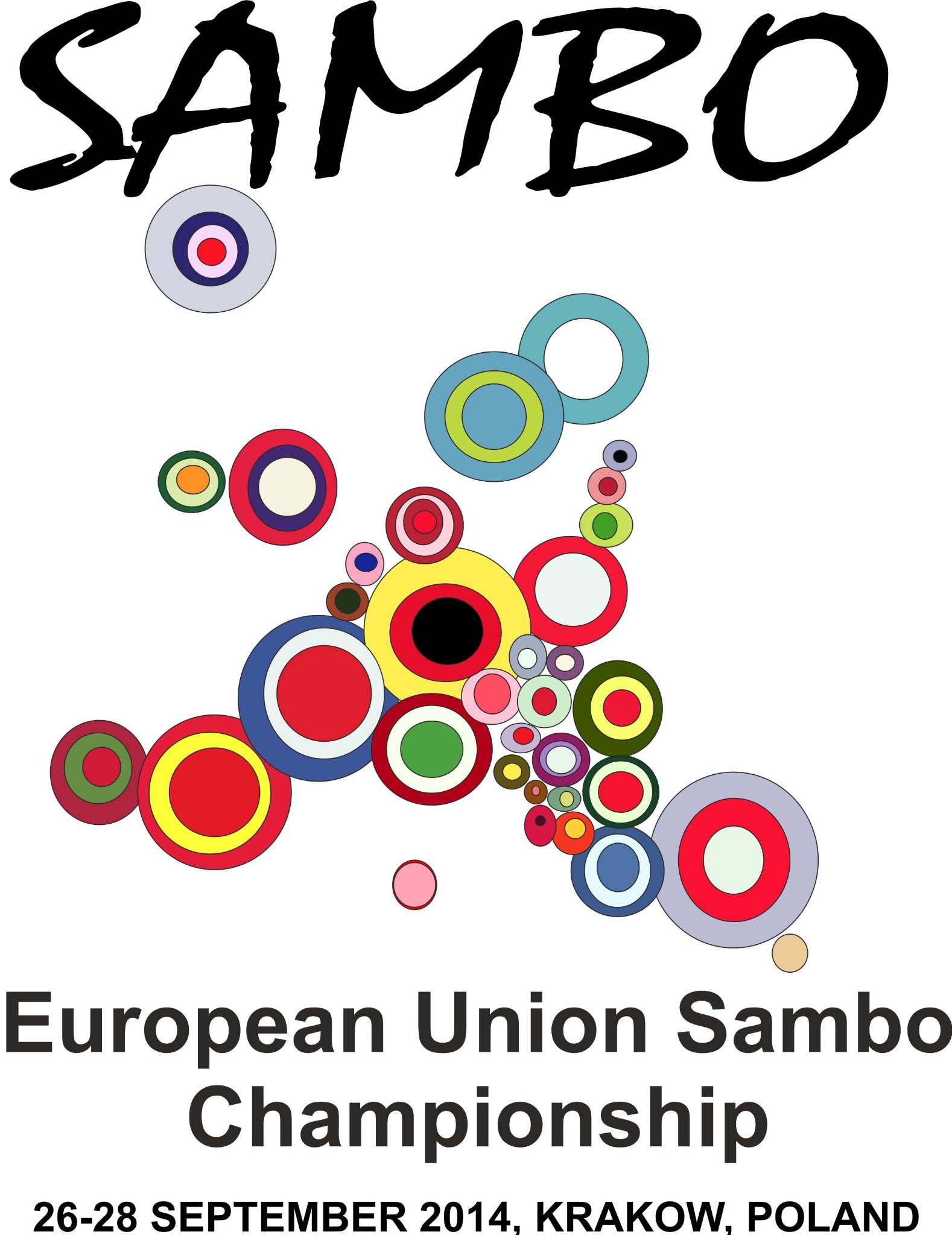 Grafika promująca European Union Sambo Championship 2014 w Krakowie, z napisem 'SAMBO' i datą wydarzenia, z wykorzystaniem koncentrycznych kół w różnych kolorach układających się w kształt mapy...