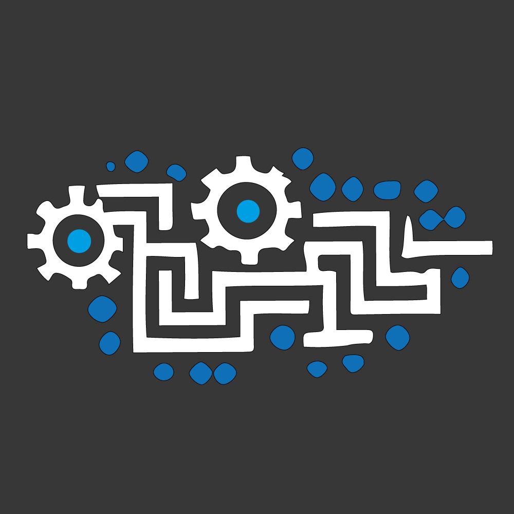Abstrakcyjna ilustracja przedstawiająca biały labirynt połączony z dwoma kołami zębatymi z niebieskimi punktami w środku, otoczony niebieskimi kropkami na szarym tle.