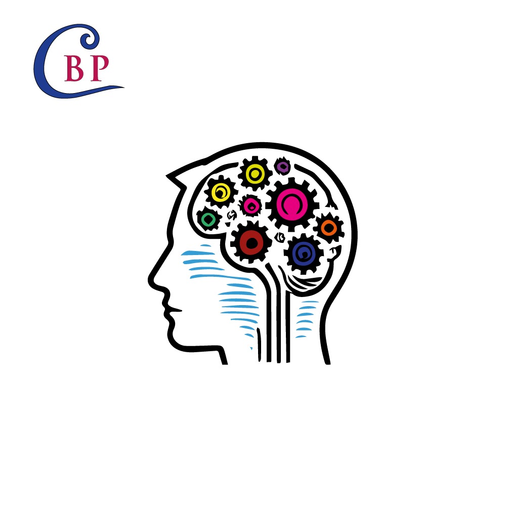 Graficzna ilustracja profilu głowy z kolorowymi kołami zębatymi wewnątrz, symbolizującymi procesy myślowe i mechanizmy działania mózgu, obok logo 'CB' w niebieskiej kolorystyce.